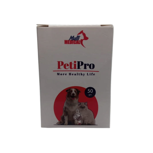 PetFriend PetiPro probiotic supplement 50g box for dogs and cats to support digestive health and immunity.
