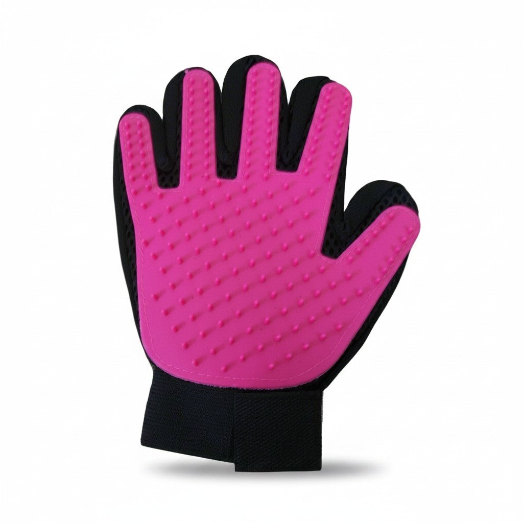 PetFriend TrueTouch pink and black de-shedding grooming glove with rubber massage bristles for pets