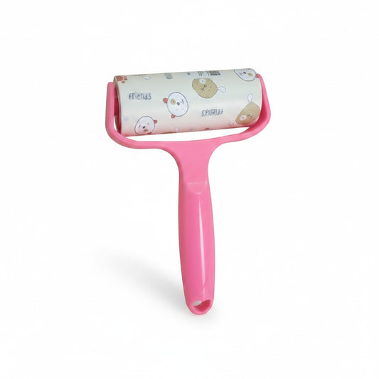 PetFriend pet fur removal roll with a pink handle and 60 adhesive paper sheets featuring cute animal illustrations.