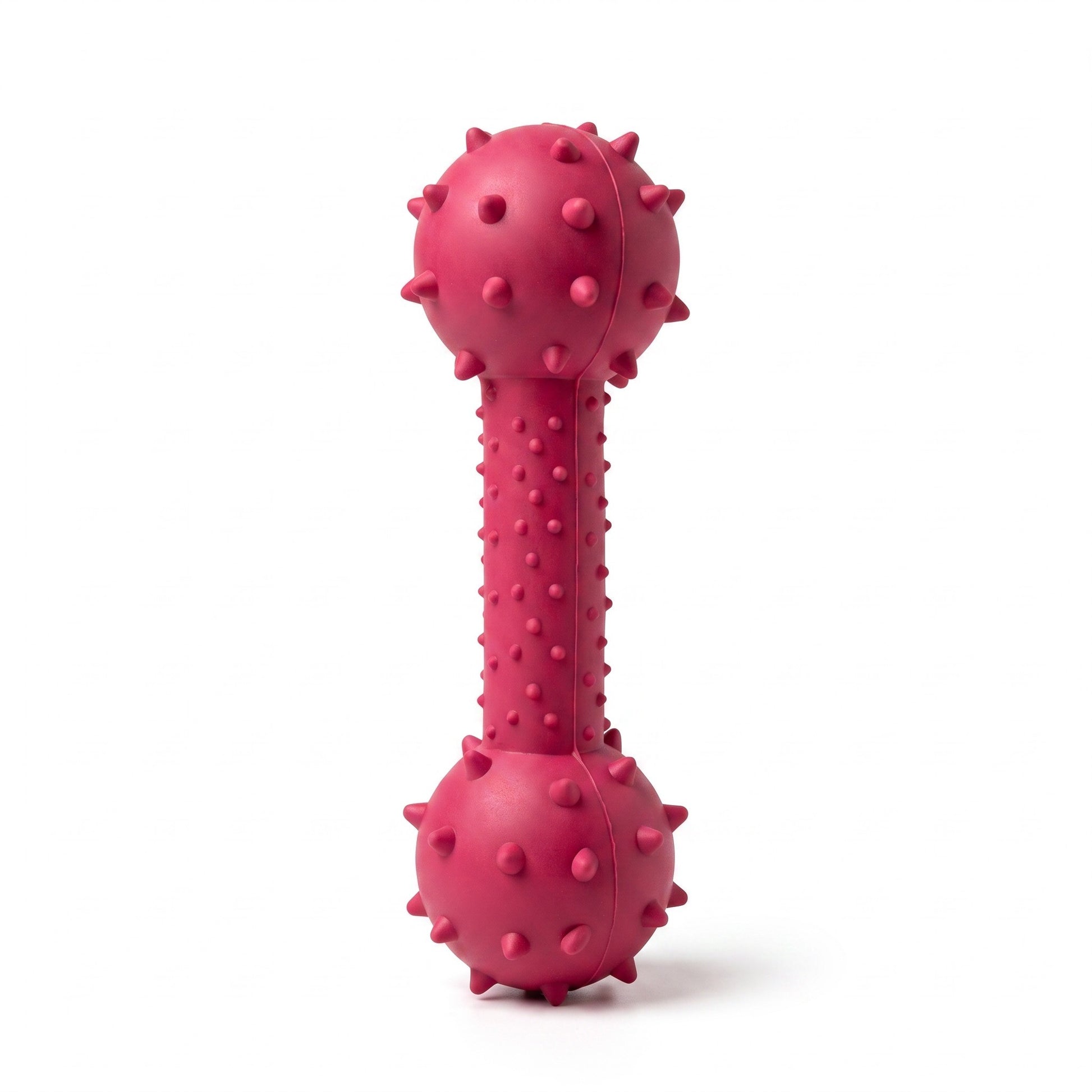 PetFriend pink rubber drum-shaped dog teether toy with textured spikes and internal bells for teething puppies