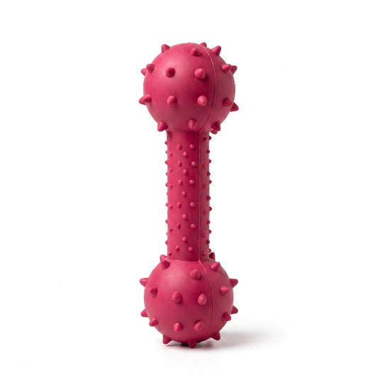 PetFriend pink rubber drum-shaped dog teether toy with textured spikes and internal bells for teething puppies