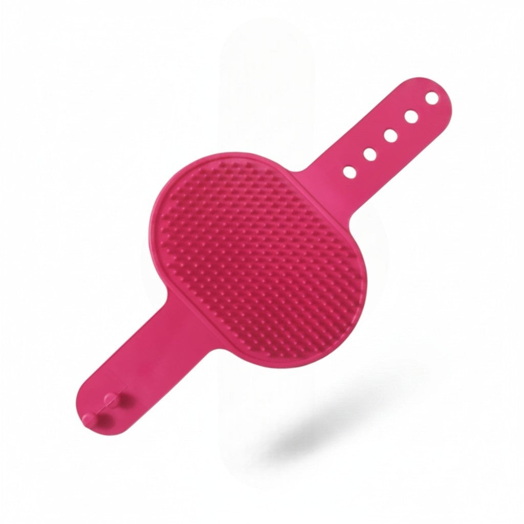 PetFriend pink silicone pet showering hand aid with grooming bristles and adjustable strap