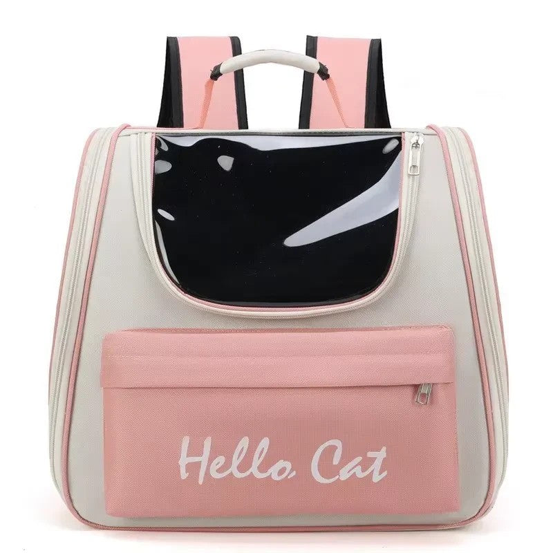PetFriend Hello Cat pink PVC pet backpack with a transparent front window for cats and small dogs