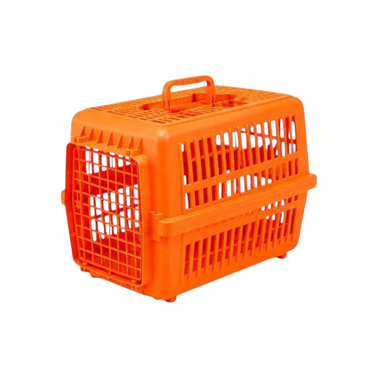 PetFriend portable plastic pet carriers in six vibrant colors with ventilated sides and ergonomic top handles.