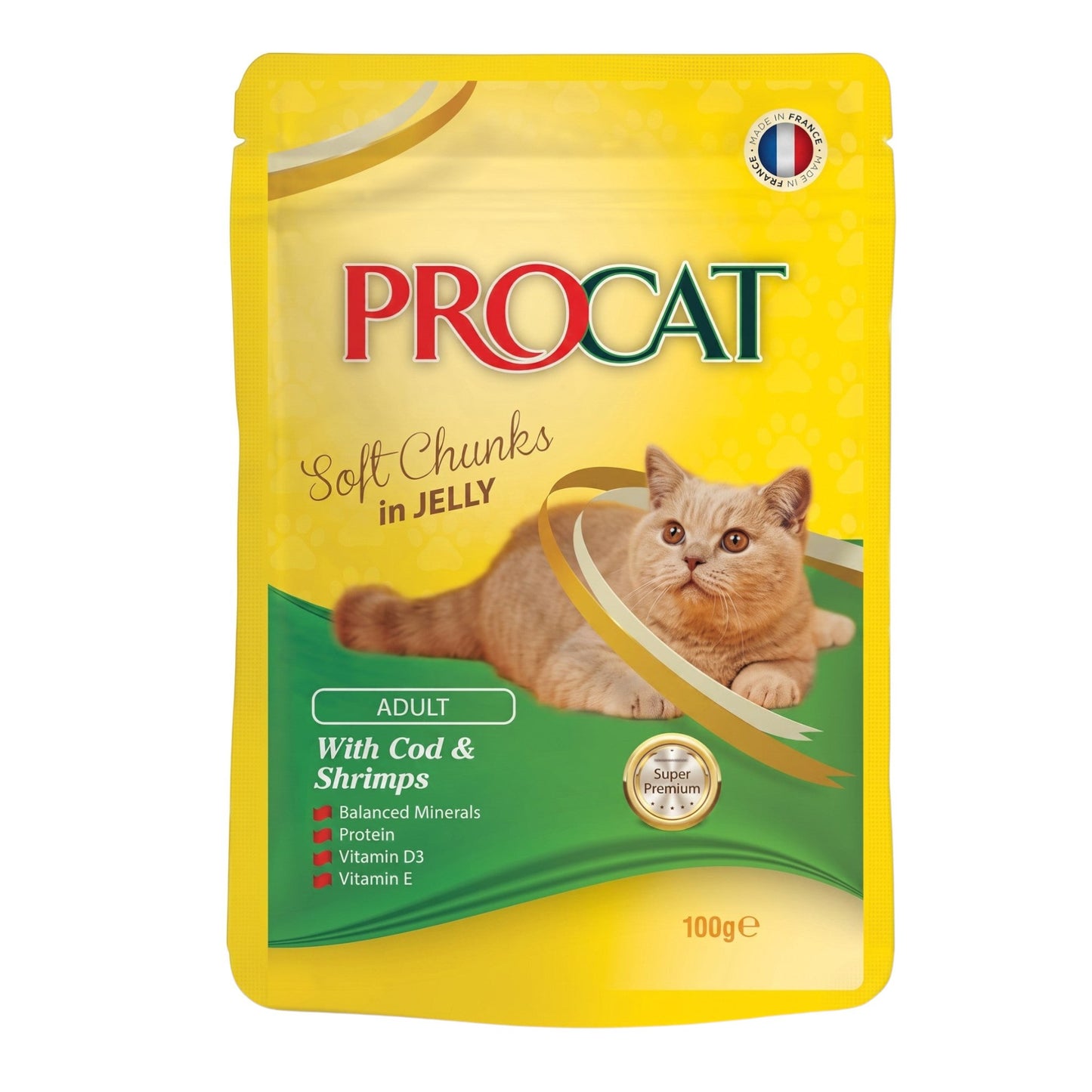 PetFriend PROCAT soft chunks wet cat food with cod and shrimps in a 100g yellow pouch for adult cats