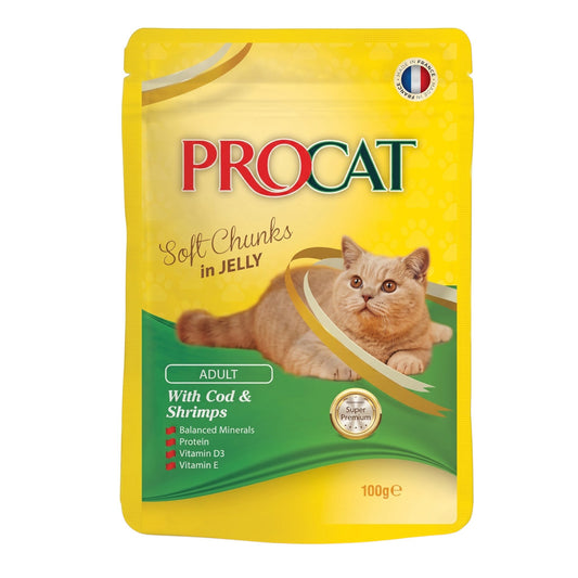 PetFriend PROCAT soft chunks wet cat food with cod and shrimps in a 100g yellow pouch for adult cats