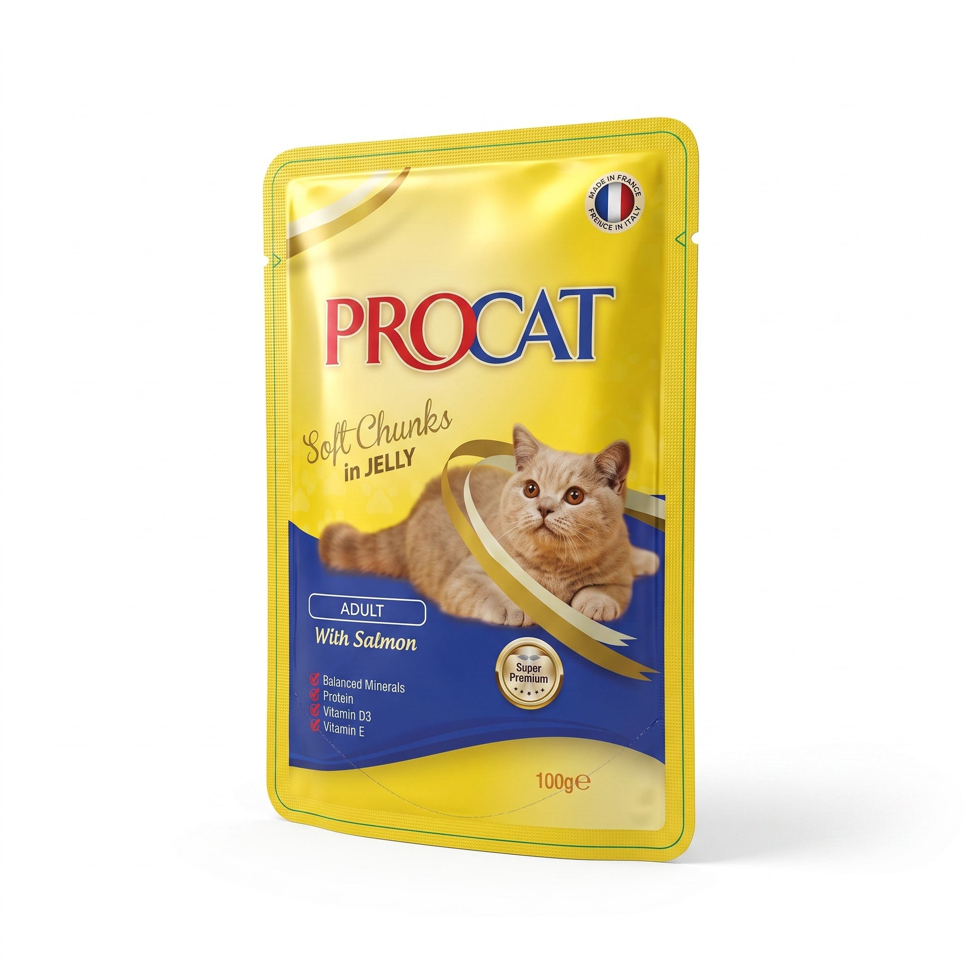 PetFriend PROCAT adult cat wet food pouch with salmon chunks in jelly, 100g yellow packaging