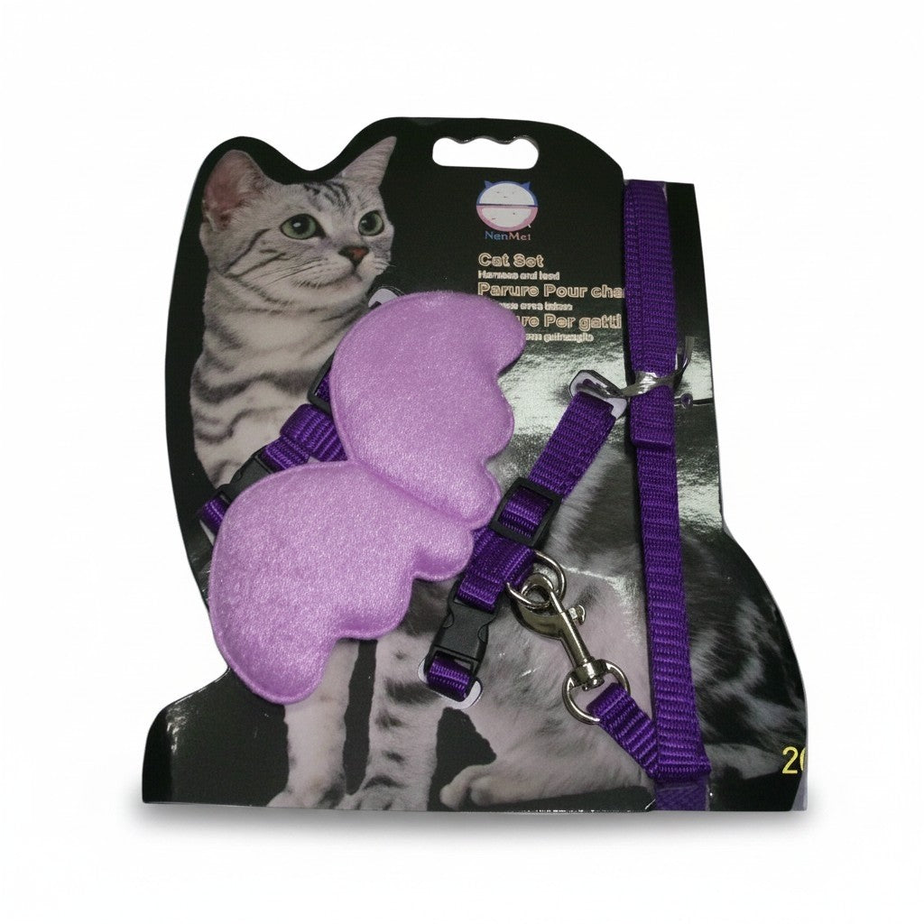 PetFriend purple cat harness with soft angel wings and matching leash on retail packaging