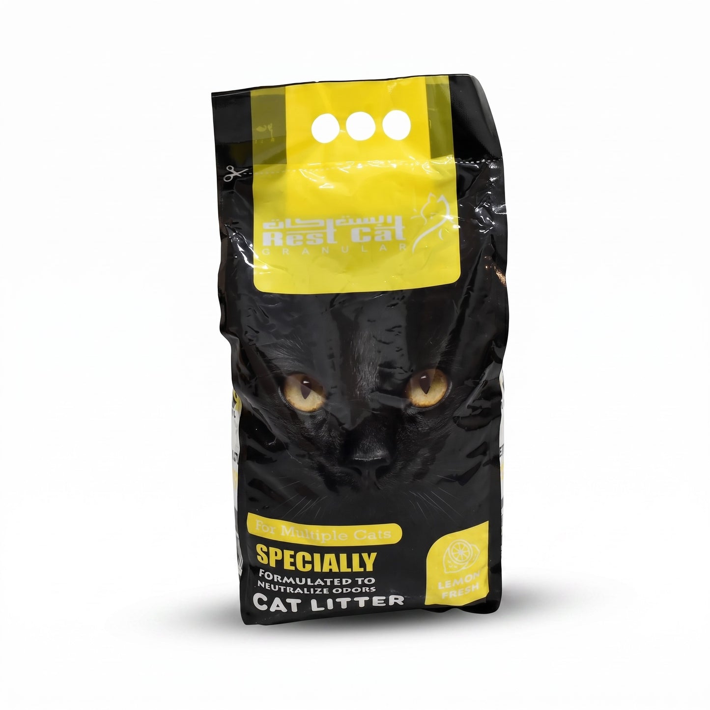 PetFriend Rest Cat lemon scented clumping cat litter in a 5L black bag with a cat face graphic