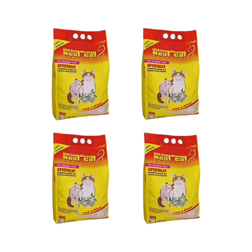 PetFriend 4-pack of Rest Cat yellow natural cat litter bags, 5L each, featuring cat illustrations.