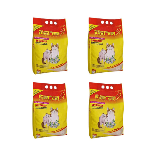 PetFriend 4-pack of Rest Cat yellow natural cat litter bags, 5L each, featuring cat illustrations.