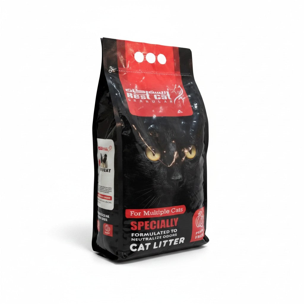 PetFriend Rest Cat peach scented clumping cat litter in a 5L black bag with cat illustration