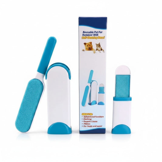 PetFriend reusable pet fur remover brush with self-cleaning base, featuring blue nylon bristles and white casing.