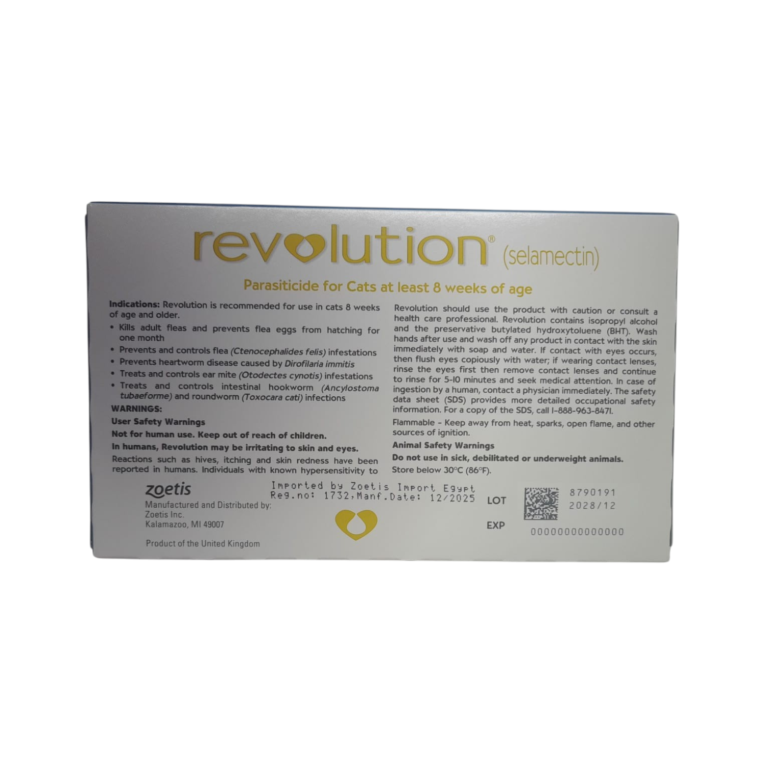 PetFriend Revolution parasite treatment box for cats detailing indications and safety warnings for monthly protection