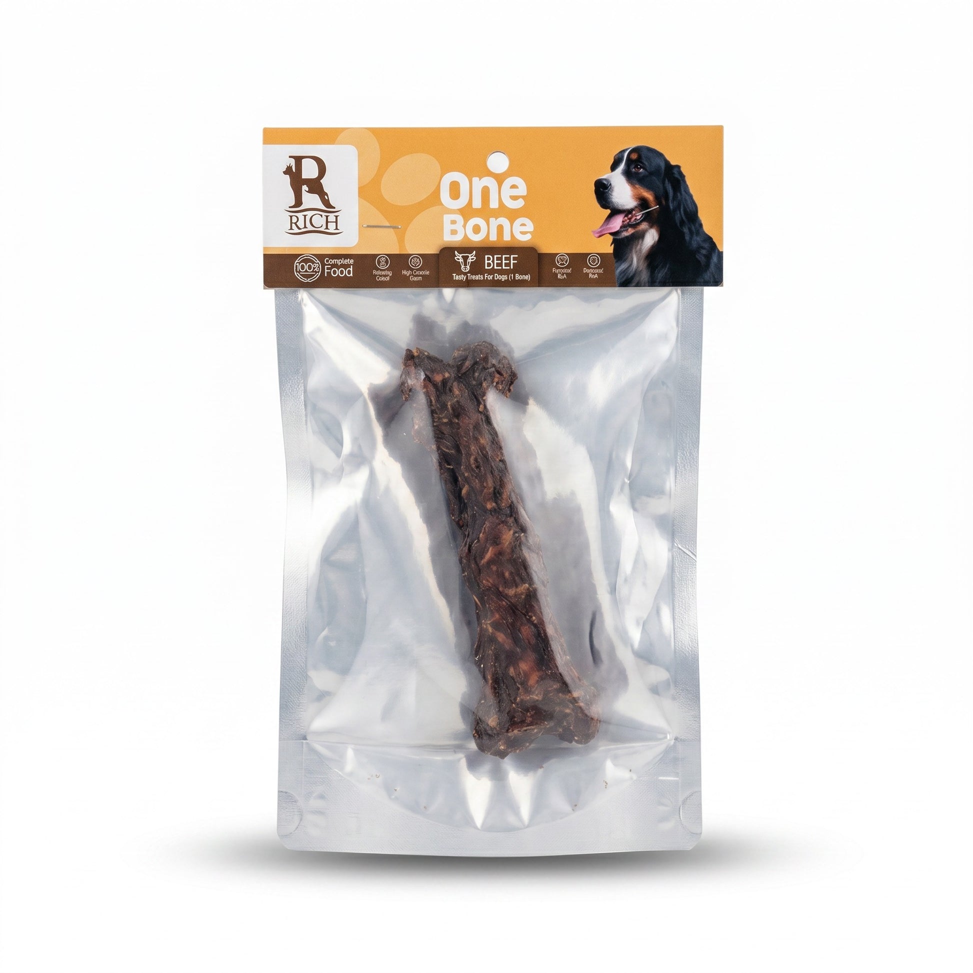 PetFriend Rich single beef bone dog treat in a vacuum-sealed clear plastic pouch