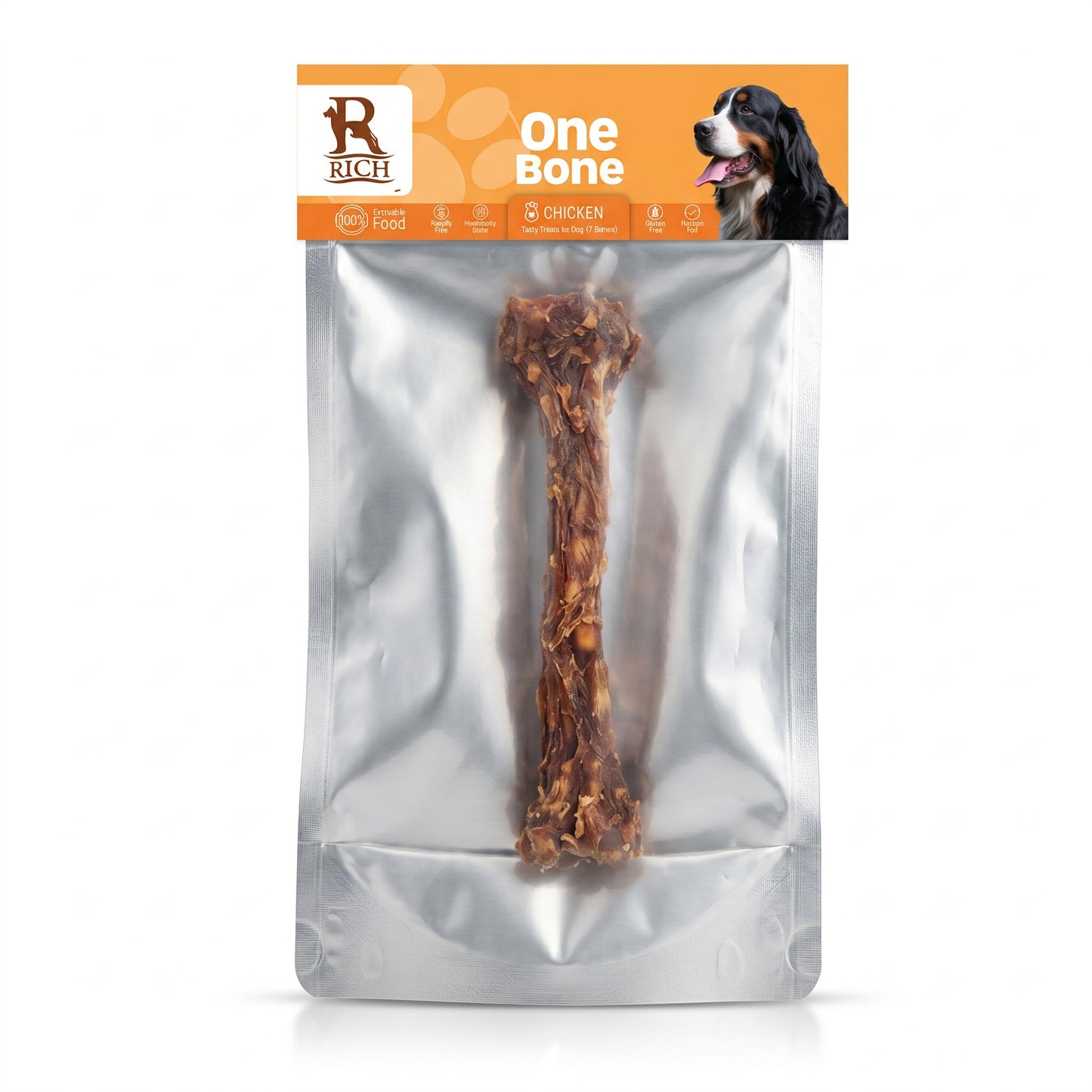 PetFriend Rich single chicken bone dog treat in a sealed silver foil pouch
