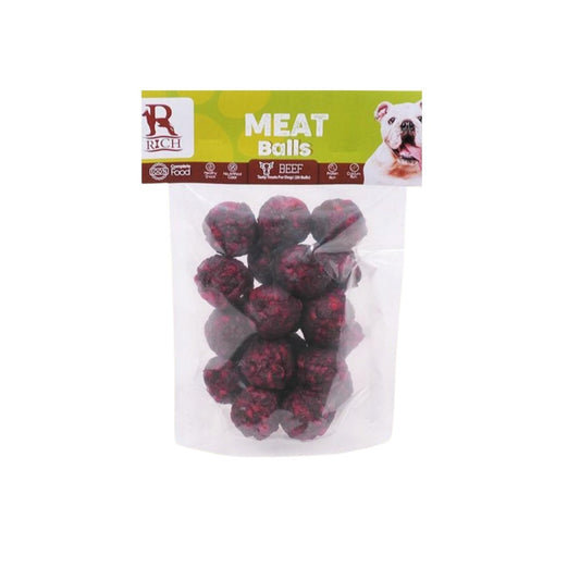 PetFriend Rich meat ball dog treats in a clear plastic pack featuring beef flavour and natural ingredients