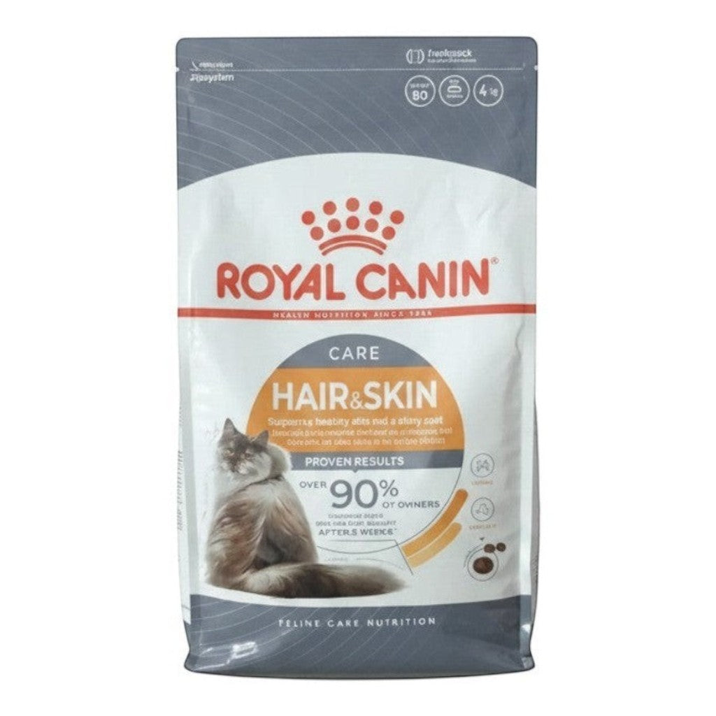 PetFriend Royal Canin Hair & Skin Care dry cat food 4kg bag with a long-haired cat illustration