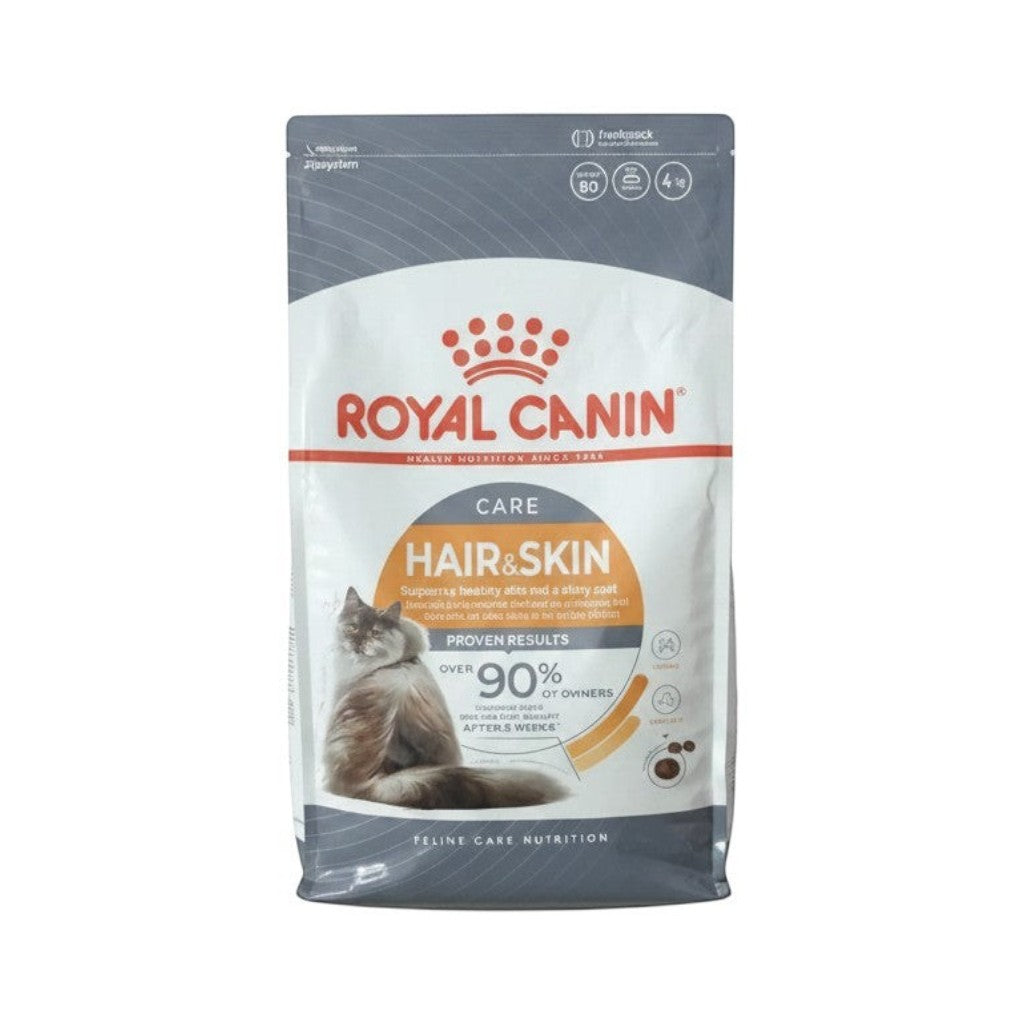 PetFriend Royal Canin Hair & Skin Care dry cat food 4kg bag with a long-haired cat illustration