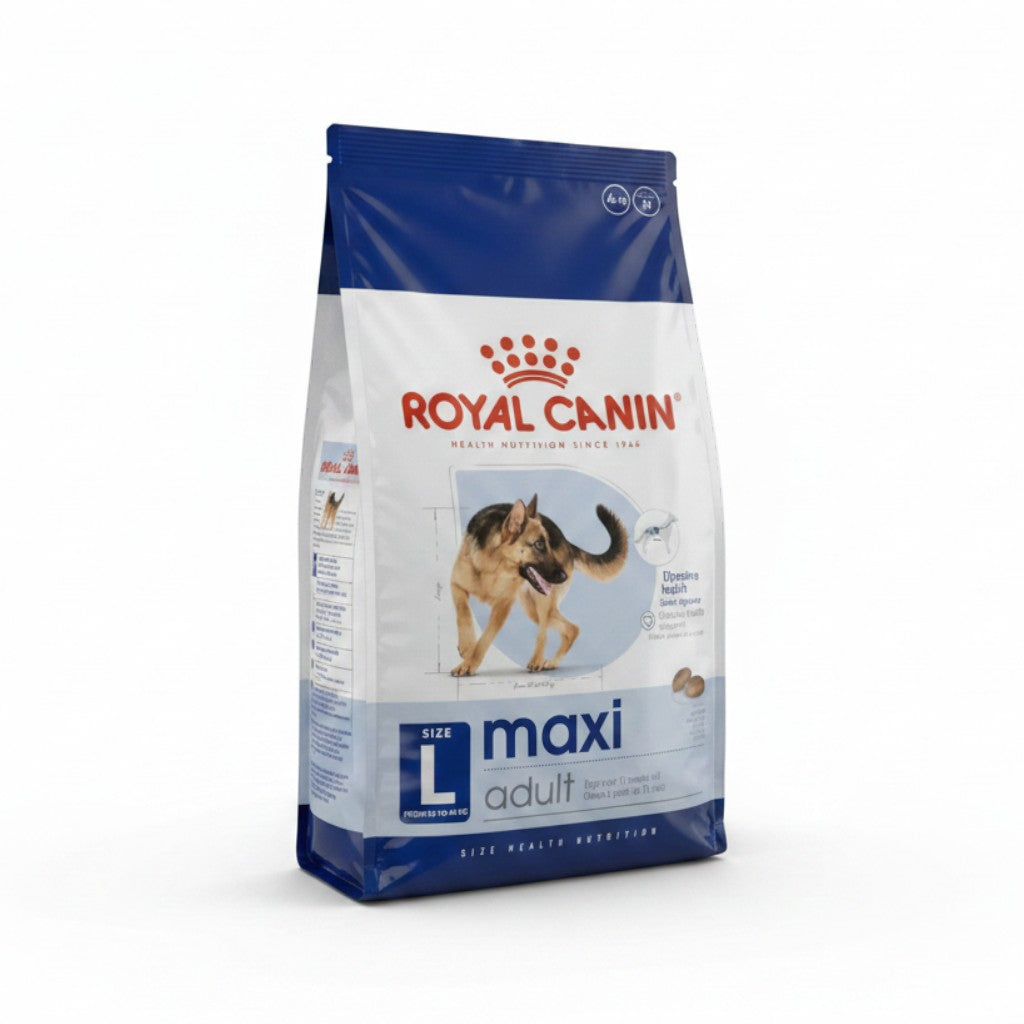 PetFriend Royal Canin Maxi Adult dry dog food 4kg bag for large breeds featuring a German Shepherd illustration