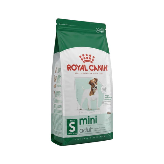 PetFriend Royal Canin Mini Adult dry dog food 2kg bag for small breed dogs with a Jack Russell Terrier illustration