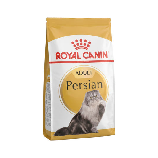 PetFriend Royal Canin Persian Adult dry cat food bag featuring a grey Persian cat on white and gold packaging
