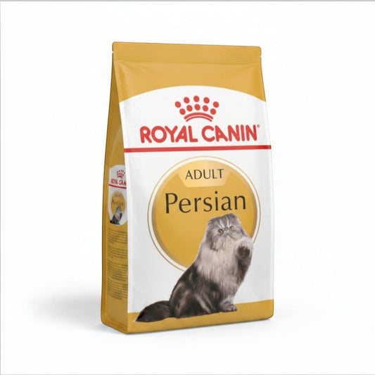 PetFriend Royal Canin Persian Adult dry cat food bag featuring a fluffy Persian cat on a yellow and white package