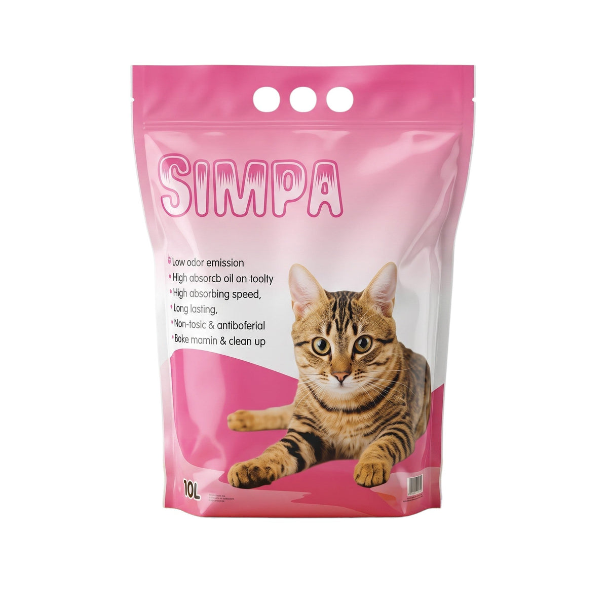 PetFriend SIMPA crystal cat litter in a pink bag with a tabby cat illustration on a yellow mat
