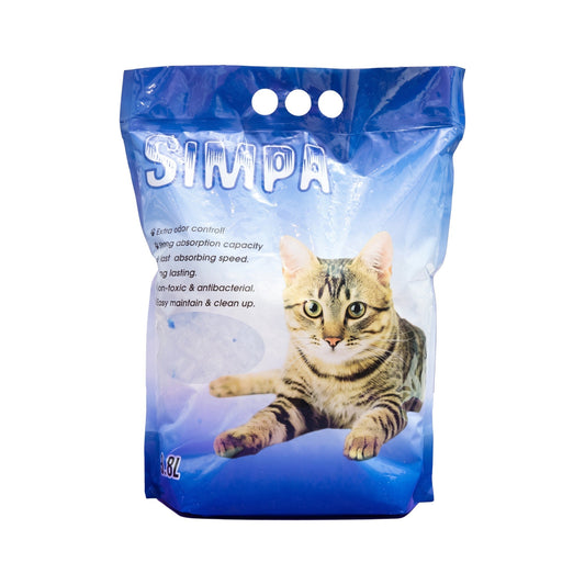 PetFriend SIMPA 3.8L crystal cat litter bag with a tabby cat illustration and odor control features