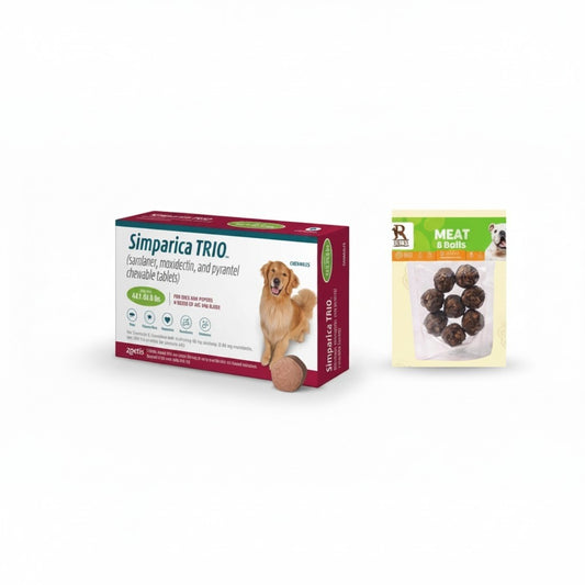 PetFriend Simparica TRIO parasite protection for large dogs with a pack of eight chicken-flavoured treat balls.