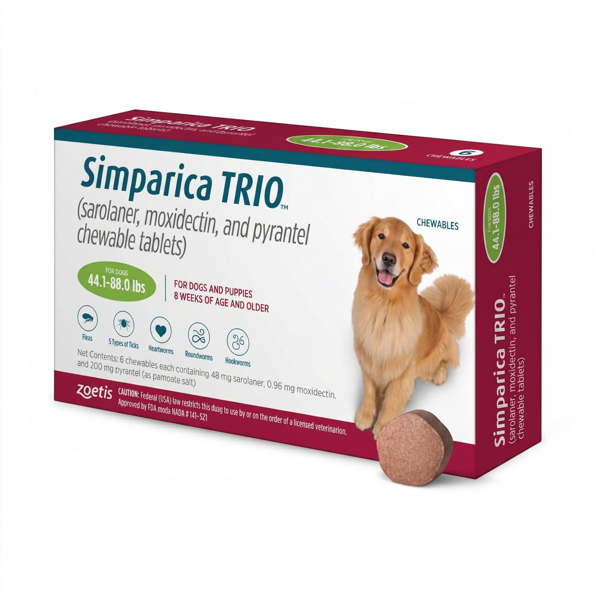 PetFriend Simparica TRIO chewable tablet box for dogs 20-40kg with a golden retriever illustration