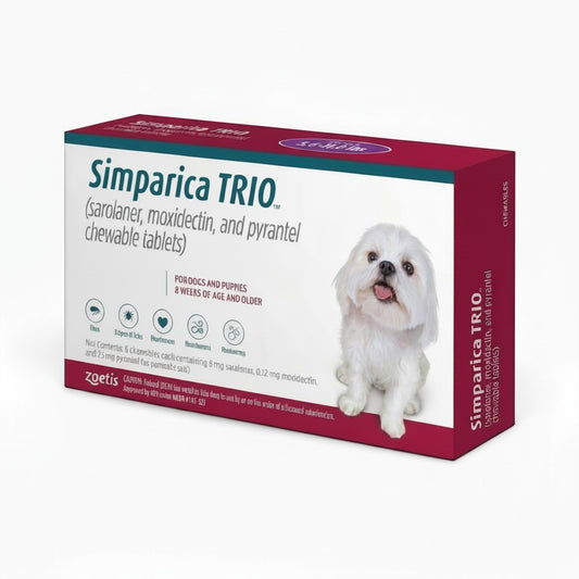PetFriend Simparica Trio chewable tablet box for dogs weighing 2.5-5 kg with a small white dog illustration