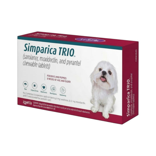 PetFriend Simparica Trio chewable tablet box for dogs weighing 2.5-5 kg with a small white dog illustration
