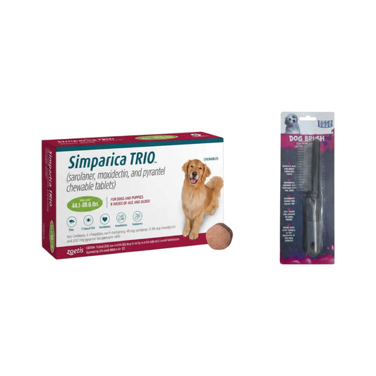 PetFriend Simparica TRIO chewable tablets for large dogs and an ORGO large metal grooming comb for coat maintenance.