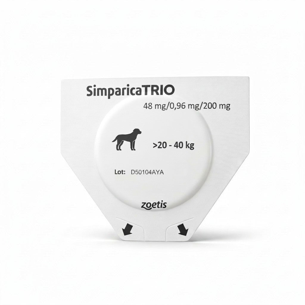 PetFriend Simparica TRIO chewable tablet for dogs weighing 20-40kg in white blister packaging