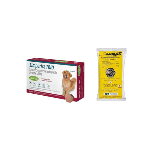 PetFriend Simparica TRIO dog parasite chewables and KAFROBEED EXTRA flea powder bundle for home pest control