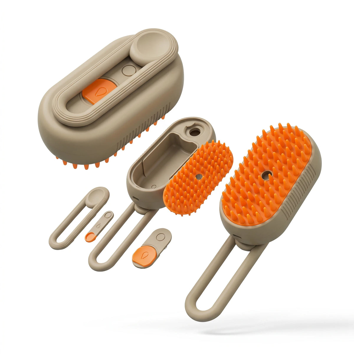 PetFriend premium steam brush for pets with detachable orange silicone bristles and beige ergonomic handle
