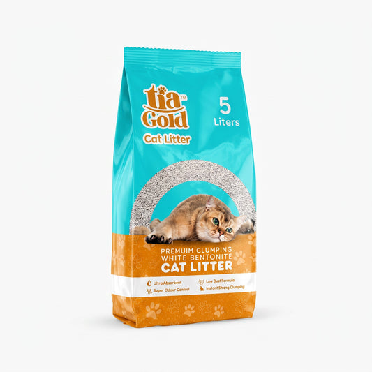 PetFriend TiaGold clumping cat litter in a 5L bag with baby powder scent and white bentonite clay formula.