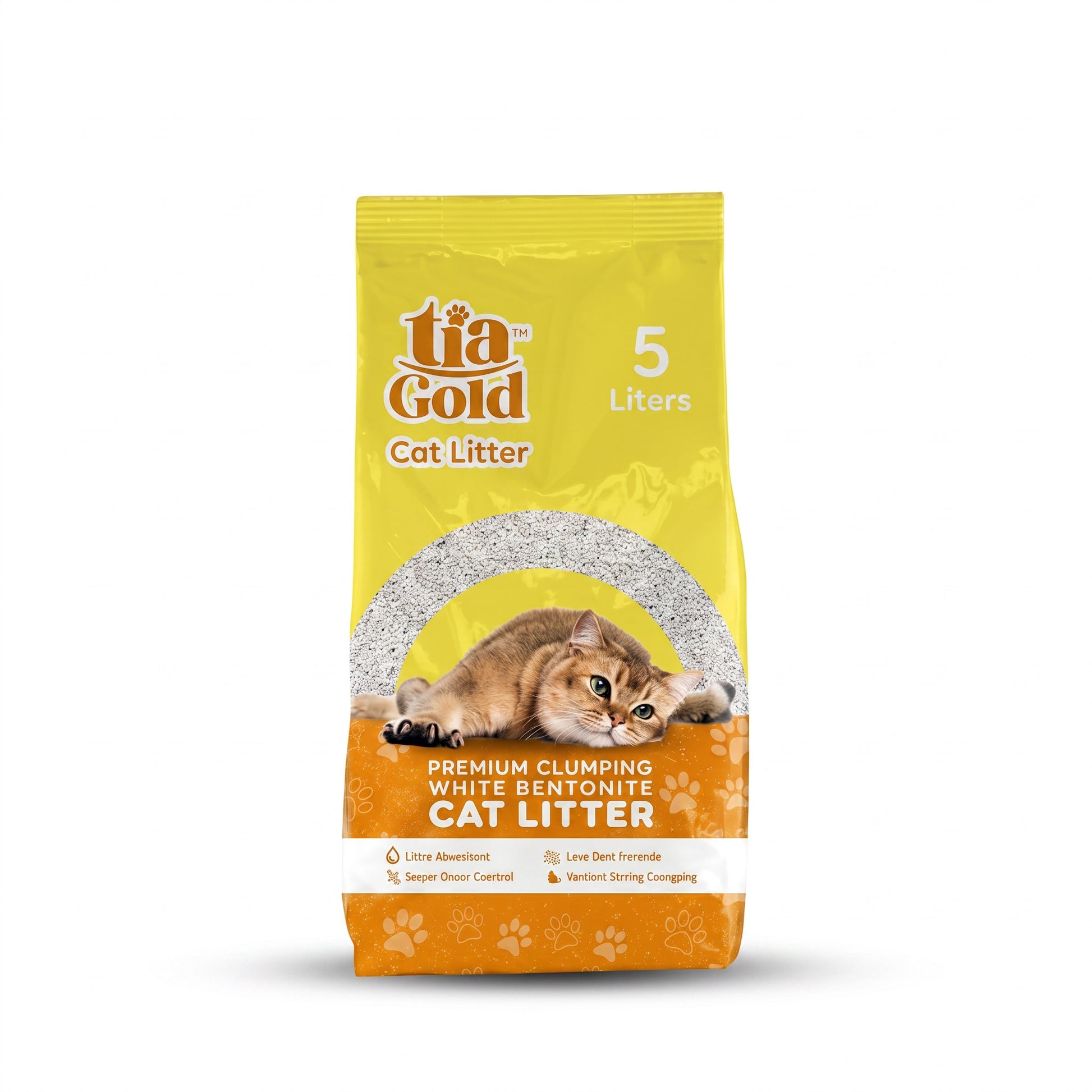 PetFriend TiaGold clumping cat litter in a 5L yellow bag with white bentonite clay for odor control