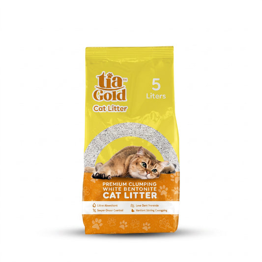PetFriend TiaGold clumping cat litter in a 5L yellow bag with white bentonite clay for odor control