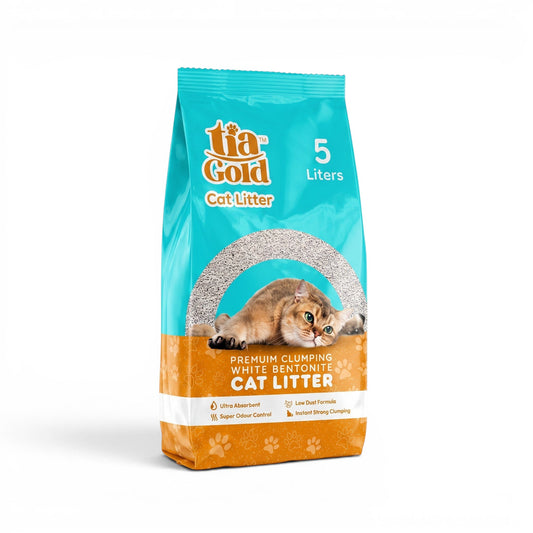 PetFriend TiaGold clumping cat litter in a 5L bag with baby powder scent and white bentonite clay formula.