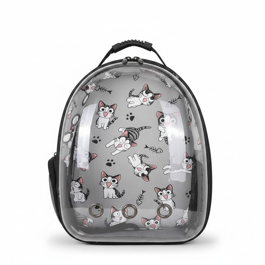 PetFriend transparent pet backpack featuring a grey cartoon cat pattern, ventilation holes, and a sturdy handle.