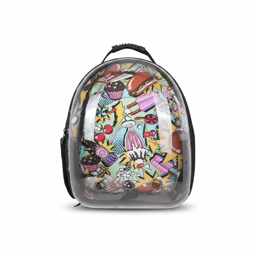 PetFriend transparent pet carrier backpack featuring a colourful cartoon food print with cupcakes and burgers