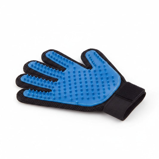 PetFriend TrueTouch blue silicone grooming glove with black mesh back and adjustable wrist strap for pet de-shedding