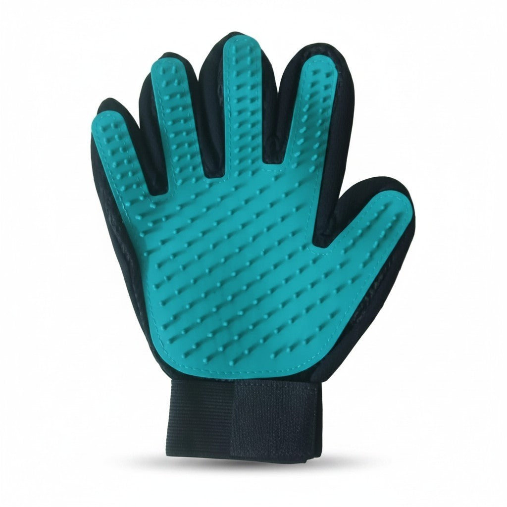 PetFriend TrueTouch de-shedding glove with teal silicone grooming nubs and black fabric back for pet massage