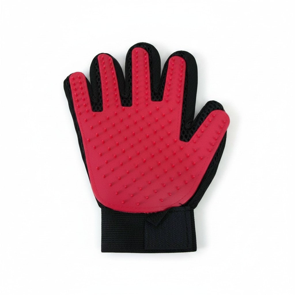 PetFriend TrueTouch red and black silicone de-shedding grooming glove for pets with textured massage nubs