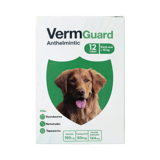PetFriend VermGuard de-worming tablet box featuring a golden retriever and active ingredient details.