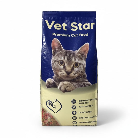 PetFriend VetStar 10kg dry cat food bag featuring a tabby cat illustration and nutritional benefit icons