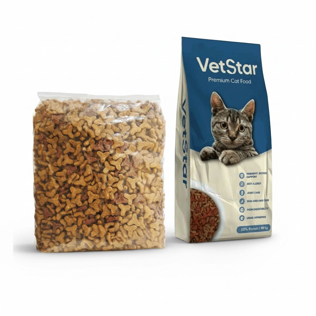 PetFriend Vetstar premium dry cat food in a 500g bag with star-shaped kibble pieces for balanced feline nutrition.