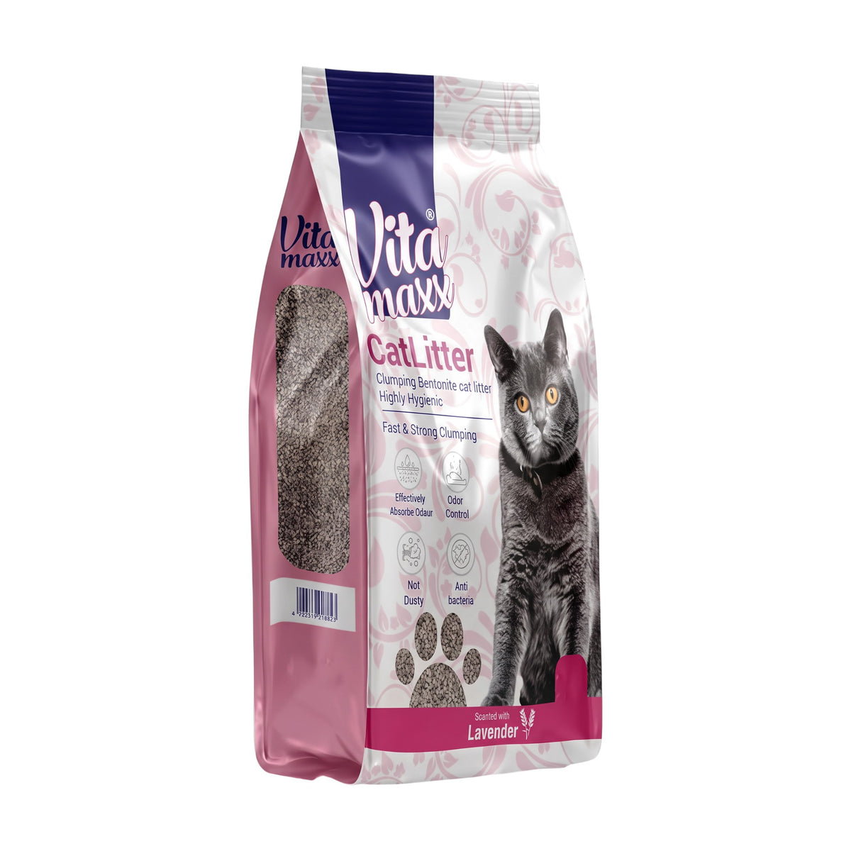 PetFriend Vita Maxx lavender scented clumping bentonite cat litter in a 20L bag with a grey cat illustration